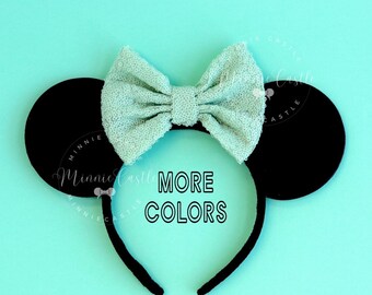 Mickey Ears, Teal Mint Mouse Ears, Minnie Ears, Classic Mickey Ears, Mouse Ears Headband, Sequin Bow with Suede Mouse Ears, Non Glitter Ears