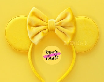 Orejas de Mickey amarillas sin purpurina, orejas de ratón con lazo de terciopelo, orejas de Minnie, diadema con orejas de ratón, orejas amarillas, orejas de Mickey, orejas de Mickey de terciopelo