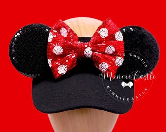 Mickey Visor, Mickey Ears Visor, Black Mickey Ears Hat, Minnie Ears, Mickey Ears, Red White Polka dot Bow Mouse Ears, Minnie Ears Visor Gift