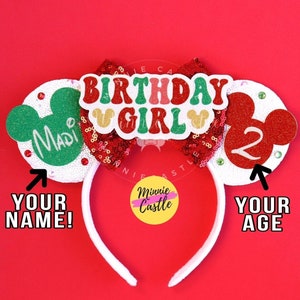 Christmas Theme Birthday Ears, Personalized Mickey and Minnie Ear, Add Your Name & Age on Mouse Heads, Holiday Birthday Girl Headband