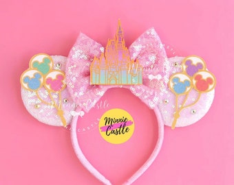Mickey Ears With Castle, Mickey Ears, Balloons Mouse Ears, Minnie Ears, Mouse Ears headband, Pastel Castle and Balloons Mouse Ears for Gifts