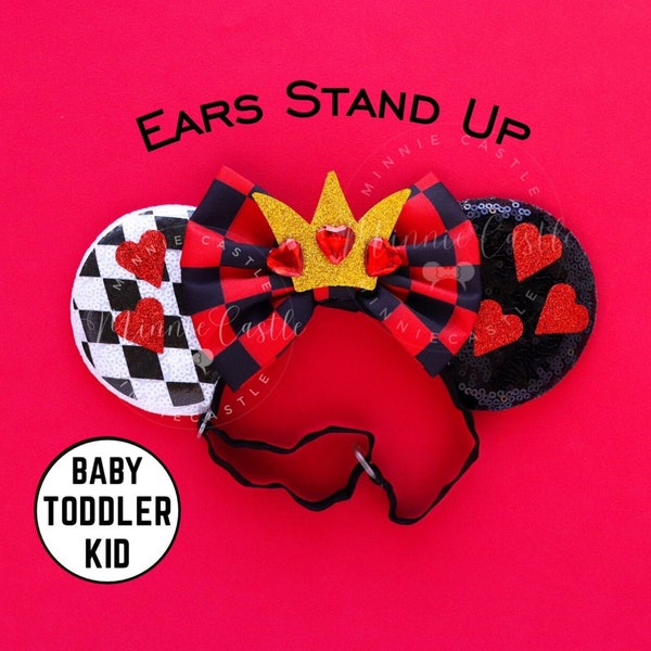 Queen of Hearts Ears, Queen of Hearts  Mickey Ears, Toddler Mickey Ears, Baby Mouse Ears, Minnie Ears, Mickey Ears Elastic Headband
