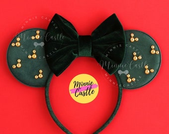 Orejas de ratón con lazo de terciopelo verde esmeralda: diadema de orejas de Mickey con perla dorada de Minnie Castle