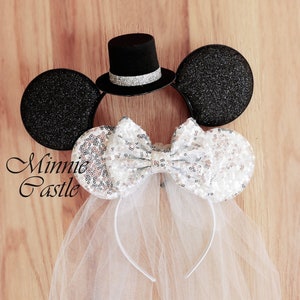 Bride & Groom ears, Bride ears, Bride Mickey ears with Veil, Silver Bride Minnie ears Headband, honeymoon ears, bride gifts, engagement ears