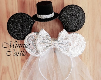 Bride & Groom ears, Bride ears, Bride Mickey ears with Veil, Silver Bride Minnie ears Headband, honeymoon ears, bride gifts, engagement ears