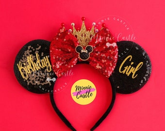 Birthday Girl Ears, Birthday Mickey Ears, Minnie ears, Birthday Minnie Ears, Red Black Birthday ears with Gold Crown, Mouse ears headband