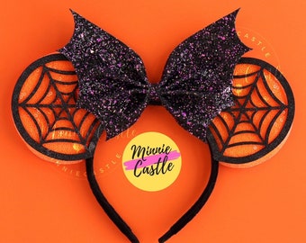 Orejas de Mickey con lazo de murciélago, orejas de Halloween, orejas de Mickey con lazo de murciélago y telaraña, orejas de ratón de Halloween, orejas de Minnie, orejas de Mickey de Halloween, orejas de alas de murciélago