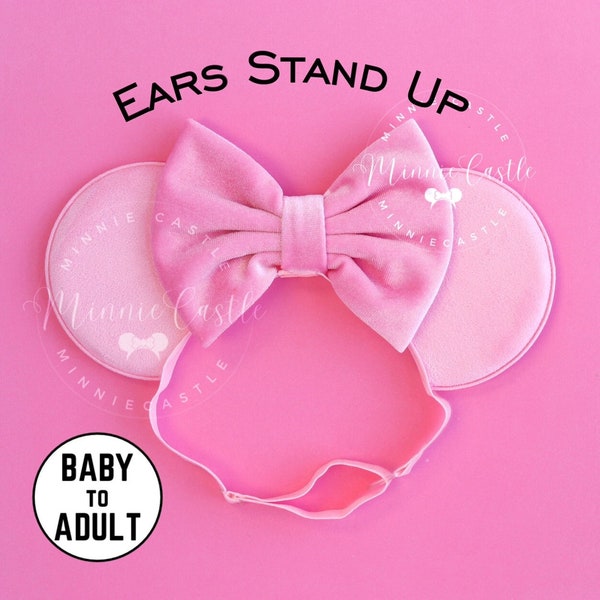 Mickey Ears, Pink Mickey Ears, Adult Women Mouse Ears, Minnie Ears, Mickey Ears Elastic Headband, Baby Pink Velvet Bow Minnie Ears