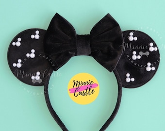 Black Mouse Ears with White Pearls | Custom Color Velvet Bow Headband | Theme Park Accessory