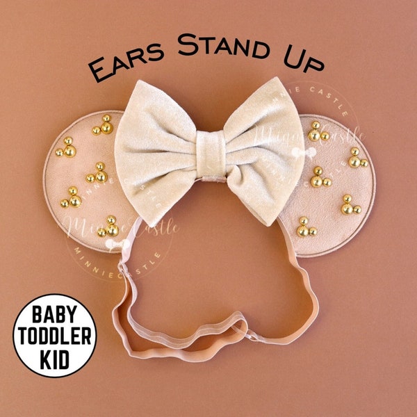 Mickey Ears Gold Pearl, Mickey Ears Elastic Headband, Baby Toddler Minnie Ears, Gold Mickey Charms Ears, Beige Mickey Ears with Stretch Band