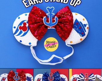 Cruise Mouse Ears, Mickey Ears, Minnie Ears, Nautical Mouse Ears with Elastic Headband for Babies to Adults - Light weight & Comfortable