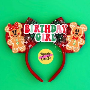 Christmas Theme Birthday Mickey Ears, Gingerbread Minnie Headband,  Perfect for a Birthday Girl Gift, Holiday Mouse Ear for Adults and Kids