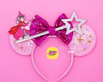 Flora Mouse Ears, Mickey Ears, Three Fairies Minnie Ear, Fairy Godmother, Sleeping Princess Ear, Aurora Mouse Ear Headband, Star Wand Accent