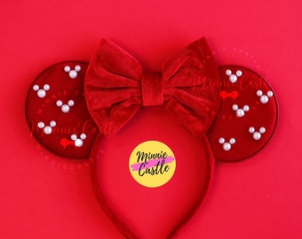 Mickey Pearl Mouse Ears, Mickey Ears, Red Mickey Ears, Christmas Ears, Minnie Ears, Velvet Bow Mickey Ears, Minnie Pearl Mouse Ears Headband