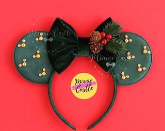 Mickey Pearl Mouse Ears, Mickey Ears, Christmas Ears, Gold Pearl Mouse Ears, Christmas Holly Ears, Minnie Ears, Velvet Bow Mickey Ears