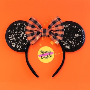 Black & Orange Checkered Mouse Ears, Halloween Minnie ears, Mickey Ears, Halloween Sequin Ears for Kids and Adults, Mouse Ears Headband