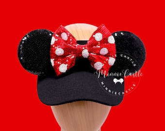 Visiera di Topolino, Visiera orecchie di Topolino, Cappello orecchie di Topolino nero, Orecchie di Minnie, Orecchie di Topolino, Orecchie di topo con fiocco a pois bianchi rossi, Regalo visiera orecchie di Minnie