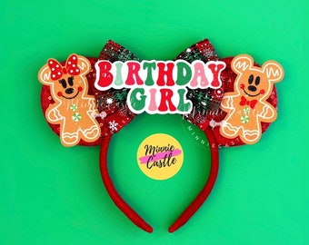 Christmas Birthday Gingerbread Mouse Ears | Green Red Plaid Bow | | Theme Park Accessory