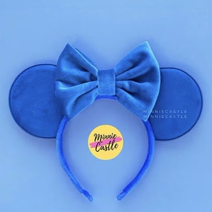 Velvet Bow Blue Ears, Minnie Ears, Blue Mickey Ears, Adult & Kid Minnie Headband, Family Trip Matching Headpieces, Non glitter Matte Ears