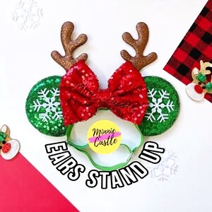 Christmas Minnie Ears elastic headband, Christmas Mickey Ears, Minnie Ears, Snowflakes Christmas ears with Antlers, Mickey Ears. Mouse Ears