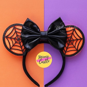 Spinnennetz Micky Ohren, Halloween Maus Ohren, Minnie Halloween Ohren, Micky Ohren für Kinder und Erwachsene, Orange und Schwarz Minnie Ohren Stirnband
