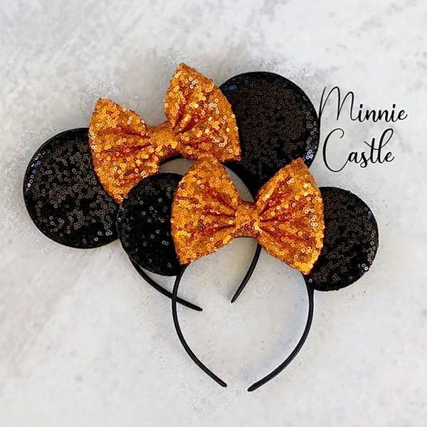 Black and Orange Halloween Mickey Ears, Halloween Ears, Halloween Minnie ears, Halloween Mickey Ears, Halloween theme Pumpkin color ears,