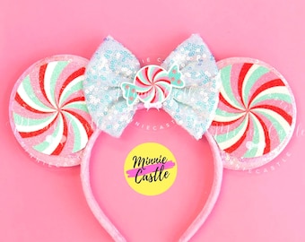 Pink & Mint Peppermint Ears, Christmas Mickey Ears, Peppermint Candy Minnie Ears, Christmas Peppermint Mouse Ears Headband for Kids Adults