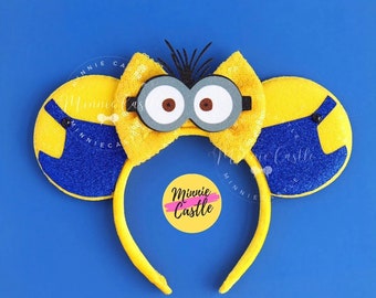 Banana Crew Mouse Ears with Goggles Bow | Yellow Blue Sequin Glitter Headband | Magic Theme Park Accessories