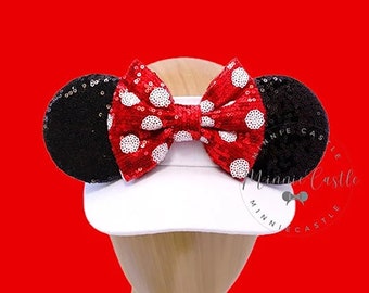 Mickey Visor, Mickey Ears Visor, White Mickey Ears Hat, Minnie Ears, Mickey Ears, Red White Polka dot Bow Mouse Ears, Minnie Ears Visor Gift