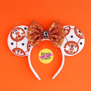 Orange Droid Mouse Ears with Bow | White Sequin Robot Headband | Magic Theme Park Accessories
