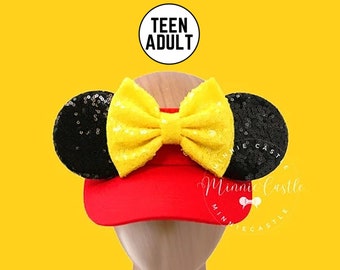 Red Yellow Black Sequin Mouse Ears Visor Hat | Custom Color Theme Park Sun Cap for Kids & Adults