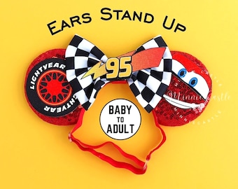95 Lightning Race Car Mouse Ears Elastic Headband for Baby to Adults | Checkerboard Bow Red Sequin | Theme Park Accessory