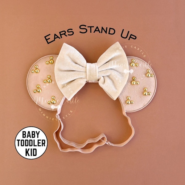 Mickey Ears Gold Pearl, Mickey Ears Elastic Headband, Baby Toddler Minnie Ears, Gold Mickey Charms Ears, Beige Mickey Ears with Stretch Band