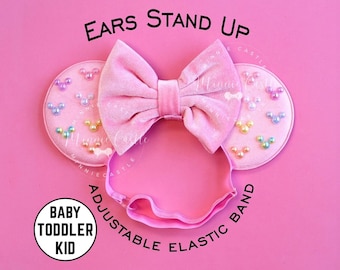 Pastel Rainbow Mickey Pearl Mouse Ears, Baby Toddler Mickey Ears Elastic Headband, Pink Mickey Ears, Velvet Bow Minnie Ears, Minnie Ears