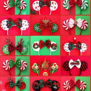 May include: A collection of 18 different Christmas themed Minnie Mouse ears. The ears are made of felt, glitter, and other festive materials. Each pair features a unique design, including candy canes, reindeer, gingerbread houses, and more.