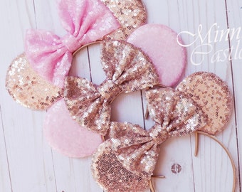 Mouse Ears Rose Gold Pink Sequin Headband Mickey Minnie Ears Kids & Adults