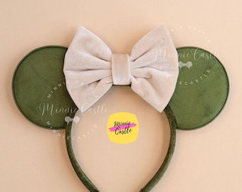 Khaki Green Mouse Ear, Mickey Ears with Beige Bow, Minnie Ears, Velvet Mickey Ears, Mouse Ears Headband, for Kids & Adults, Olive Green Ears