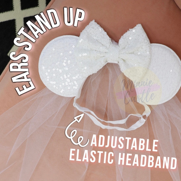 Bride Minnie ears, Bride Mickey ears, Mouse ears with adjustable elastic headband, Bride ears, No headache Minnie ears , wedding ears