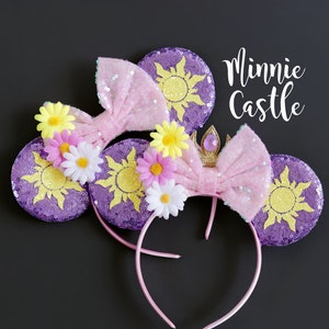 Lost princess Mouse Ears, Mickey Ears, Princess Tangle Minnie Ears with Sun & Flowers,  Birthday or Costume Headband for Kids and Adults