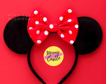 Classic Polka Dot Mouse Ears, Mickey Headband, Minnie Ears for Kids and Adults, No Glitter and Light Weight, White & Red Polka Dot Bow