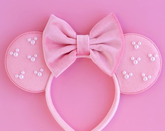 Pink Minnie Ears, Mickey Pearls Ears, Pink Pearls Ears, Mickey Ears,  Minnie Ears, Mouse Ears Headband, Velvet Mickey Ears, Pink Ears