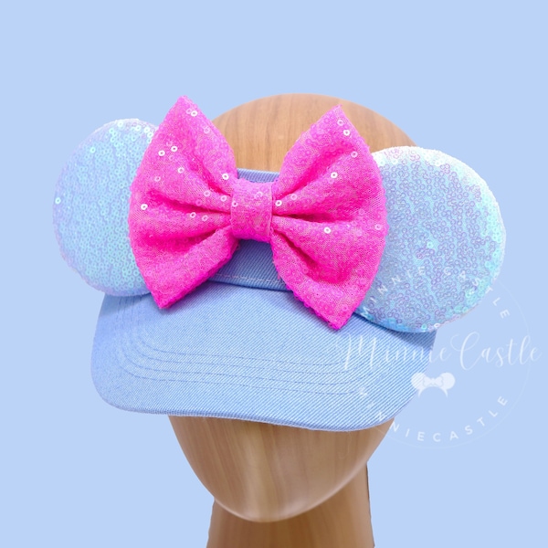 Mickey Visor, Mickey Ears Visor, Minnie Ears, Mickey Ears, Mickey Ears Hat, Hot Pink and Iridescent Baby Blue Mickey Visor, Minnie Ears Hat