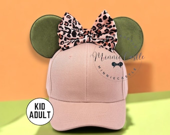 Gorro con orejas de ratón de safari, gorro con orejas de Mickey, gorro con orejas de Minnie de leopardo, gorra de béisbol para adultos y niños, gorro con orejas de Mickey con lazo de guepardo, gorro beige con orejas color caqui.