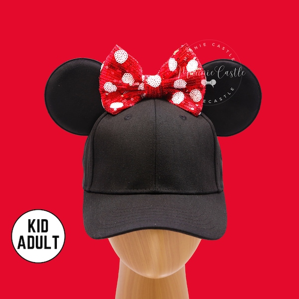Mickey Ears Hat, Mickey Ears Baseball Cap, Minnie Ears Hat with Bow, Red and white polka dots Mouse Ears Hat for Adults and Kids, Minnie Ear