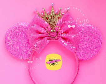 Mickey Ears with Gold Crown, Hot Pink Minnie Ears, Princess Mouse, Hot Pink Sequin Mouse Ears with Minnie Charm, Mouse Ears Headband