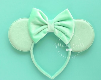 Mint Green Mouse Ears, Mickey and Minnie Velvet Bow Ears, No Glitter Matte Headband, Suede Mickey Ears for Adults and Kids, Birthday Gift
