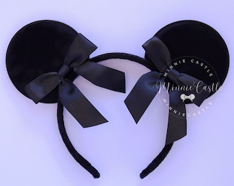Mickey Ears, Black Satin bow Mickey Ears, Coquette Ribbon Bow Mouse Ears, Minnie Ears, Black Mickey Ears, Non Glitter Mouse Ears Headband