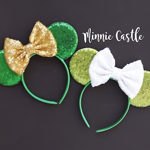 St. Patrick&#39;s Day Mouse Ears, Mickey Ears, Minnie Ears, Green White Mouse Ears Headband, Mickey Ears, St. Patrick&#39;s Day Ears
