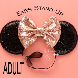 Black Sequin Mickey Ears Elastic Headband for Adults with Rose Gold Sequin Bow