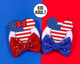 Spinki do włosów z uszami myszy w kształcie flagi USA, uszy Myszki Miki, spinki z motywem Myszki Minnie dla dzieci i dorosłych z okazji 4 lipca, patriotyczne czerwono-niebieskie uszy, akcesoria na Dzień Niepodległości